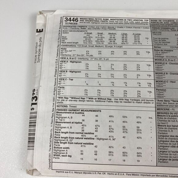 VTG Y2K McCalls 3446 SEWING Pattern Misses Loose Fitting Sleepwear Pajamas Robe - Picture 4 of 10